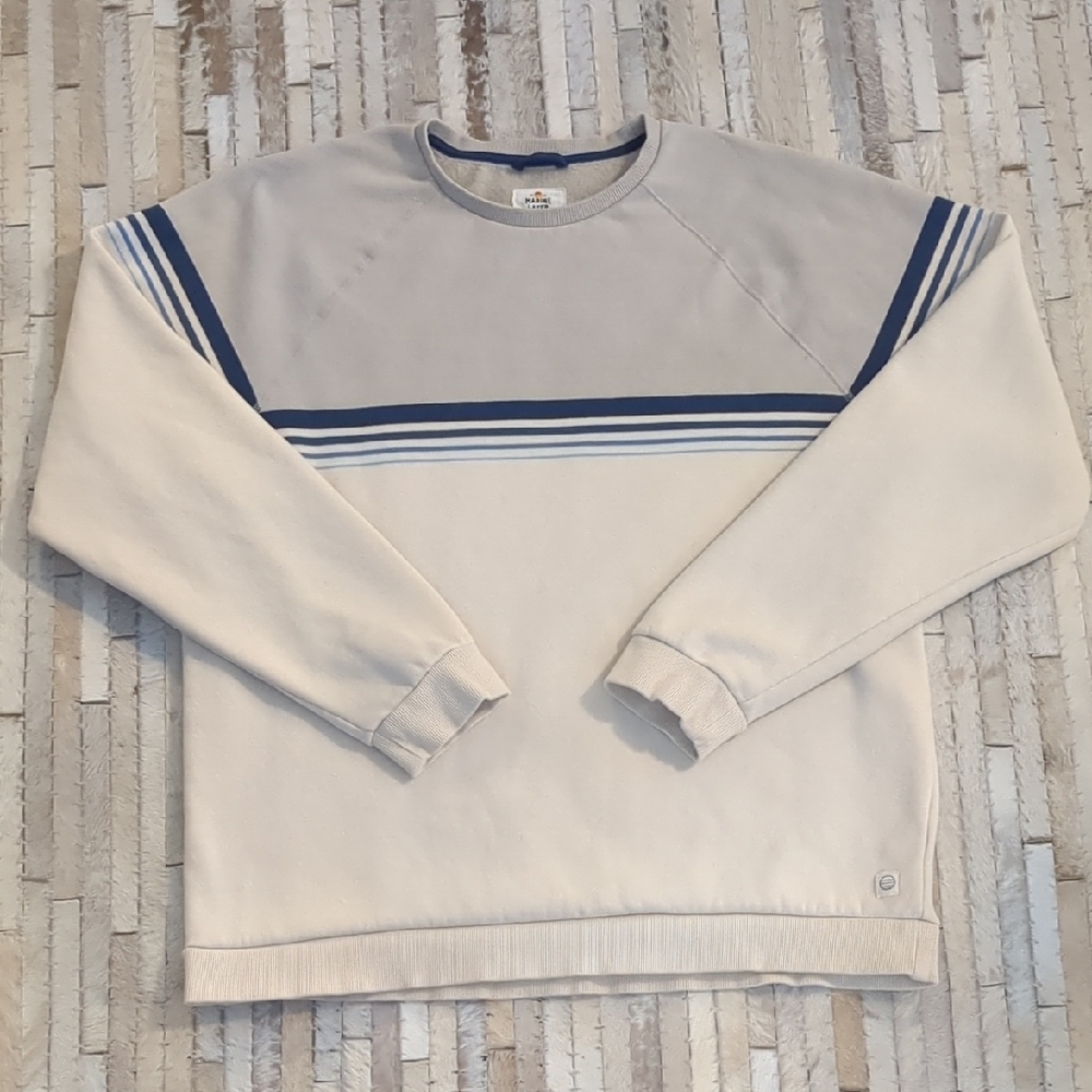 Men's Cream and Light Gray Crewneck Sweatshirt with Blue Stripes